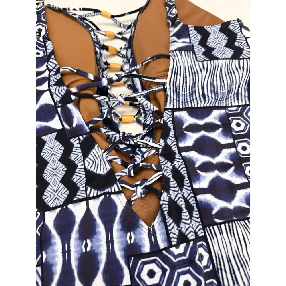 Bleu Rod Beattie Navy Multi‎ Print Bamboo Island Time One Piece Swimsuit 14 NWT